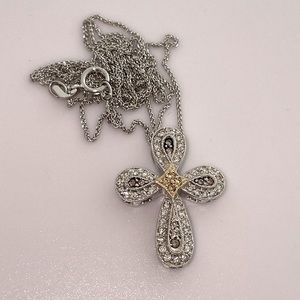 Solid 14K White Gold Natural Diamond Colors Religious Cross Pendant Necklace
